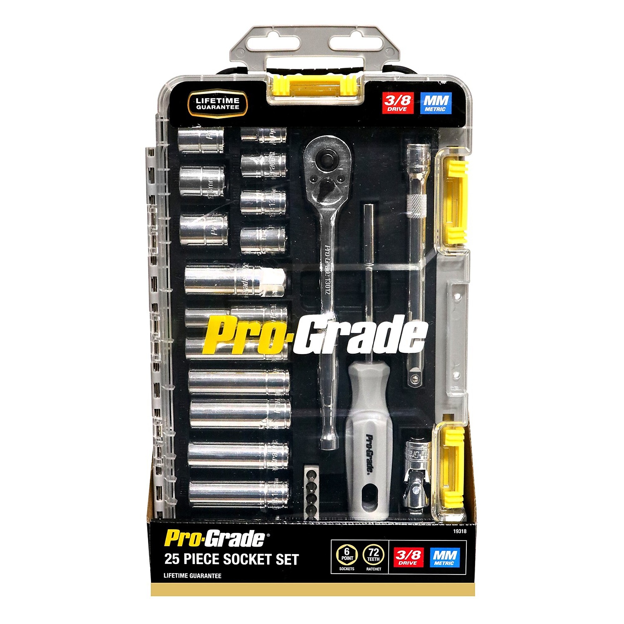 PRO GRADE, 25 pc. 3/8" Drive Metric Mechanics Tool Set with Clear Cover Case, Model # 19318